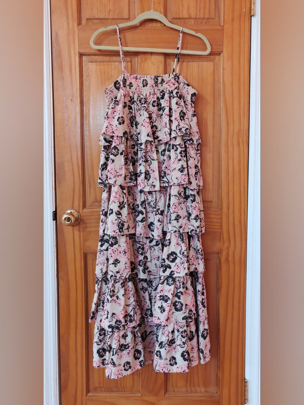 Endless Rose Floral Pink Black Tiered Ruffles Flowy Maxi Dress Size Small S